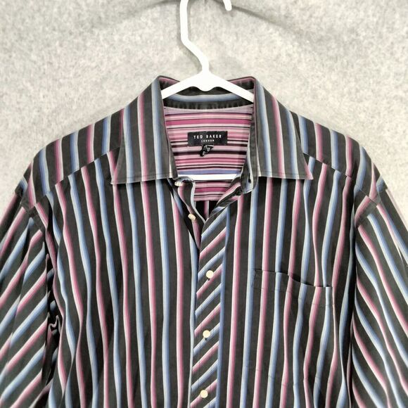 Ted Baker London Button Down Shirt Mens Sz 16.5-34/35 Black Multi Striped - Picture 2 of 11